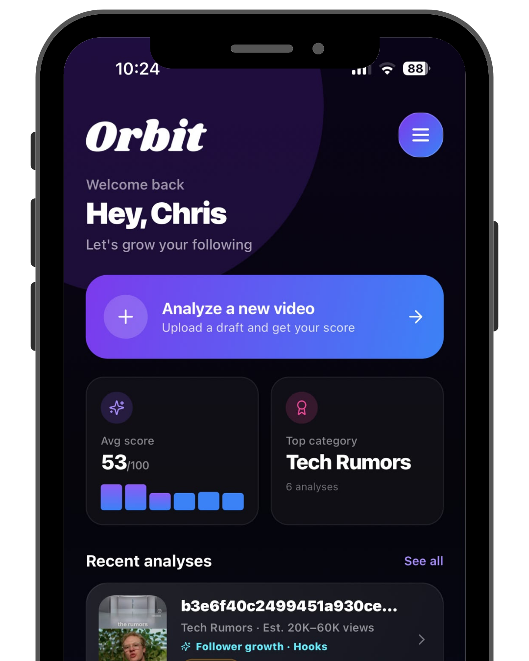 Orbit AI video analyzer app running on an iPhone