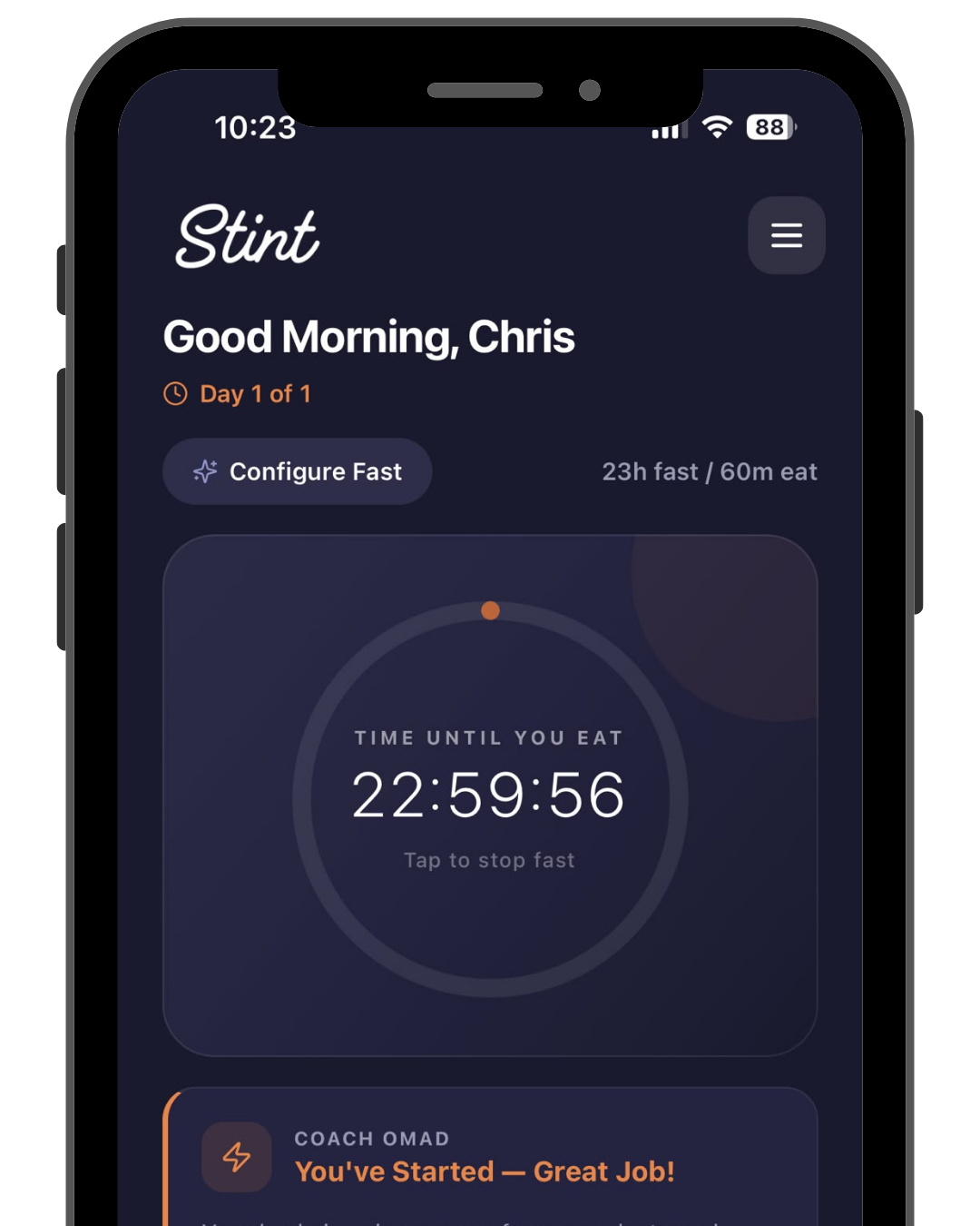 Stint OMAD fasting tracker app running on an iPhone