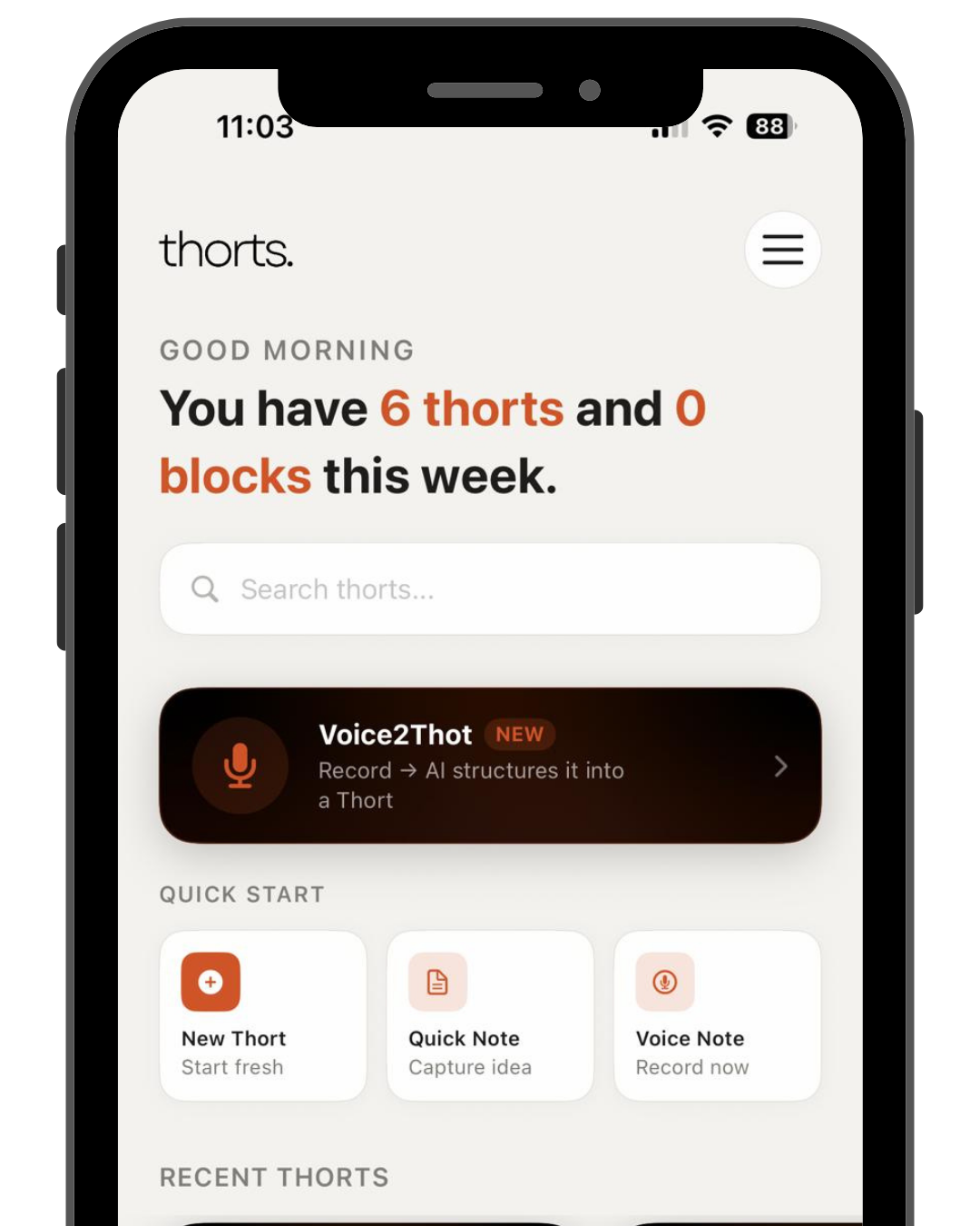 Thorts second brain notes app running on an iPhone