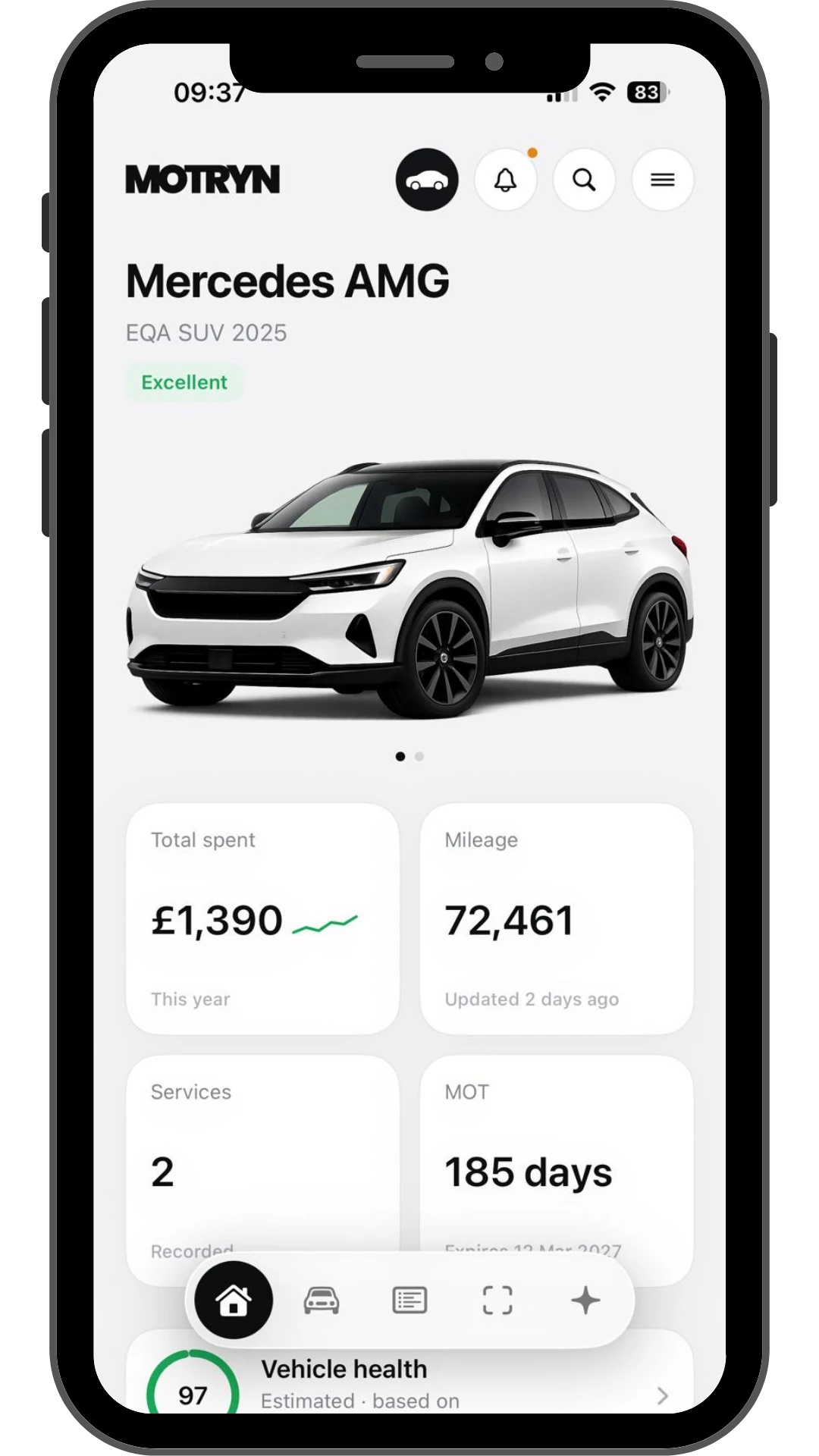 MOTRYN vehicle dashboard showing spend, mileage and MOT status