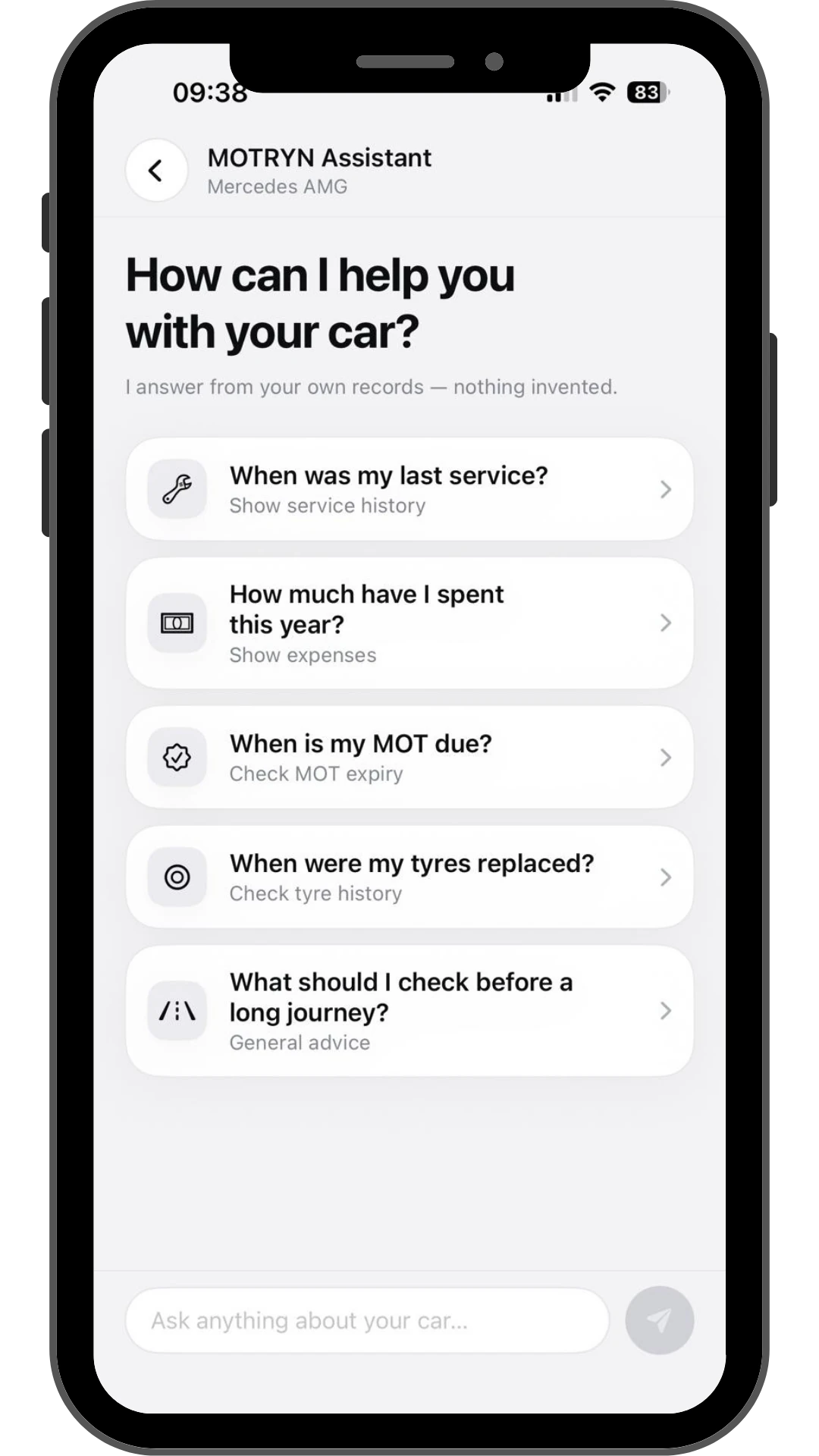 MOTRYN assistant answering questions about service history and MOT expiry