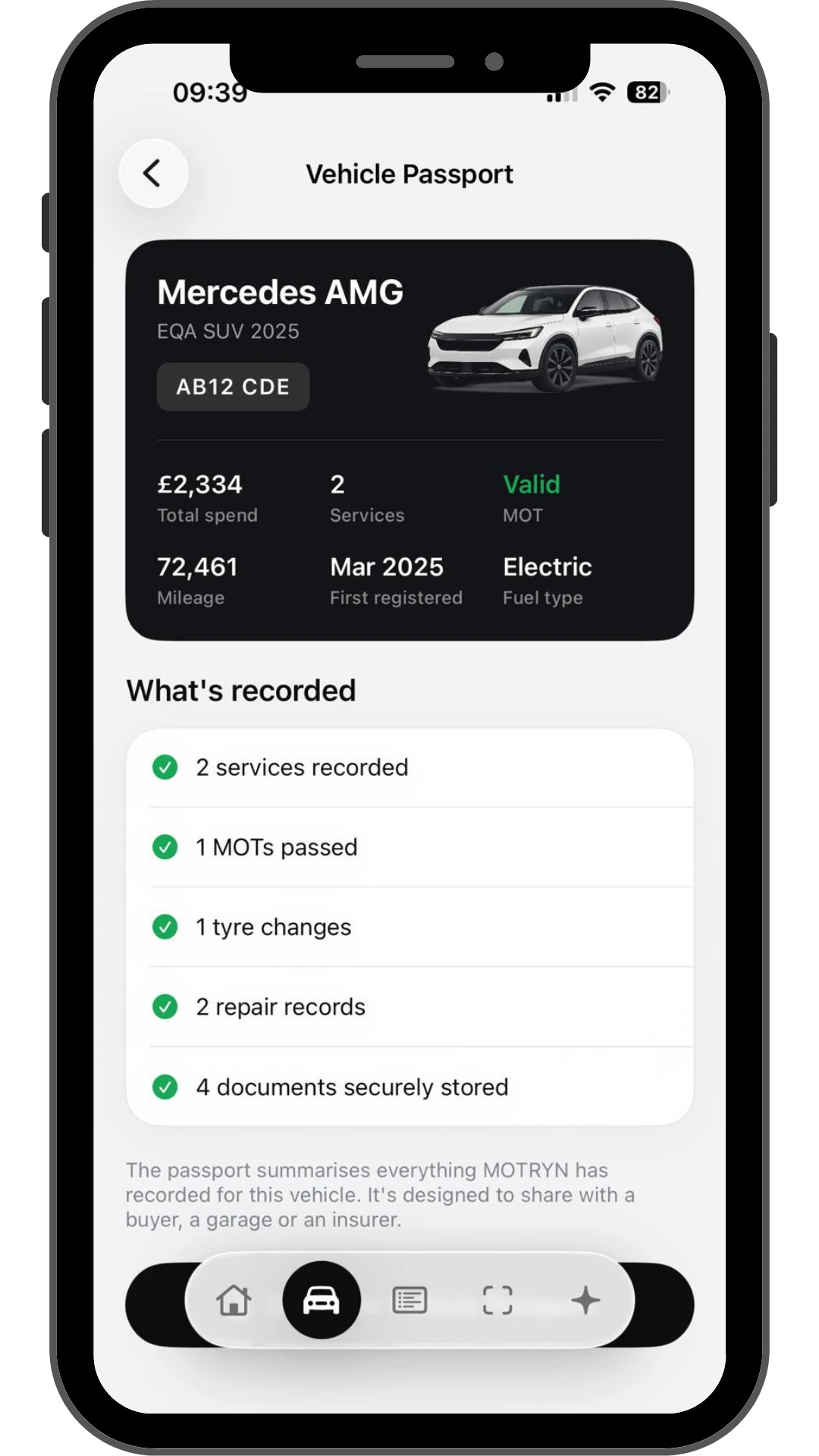 MOTRYN Vehicle Passport summarising the car’s recorded history