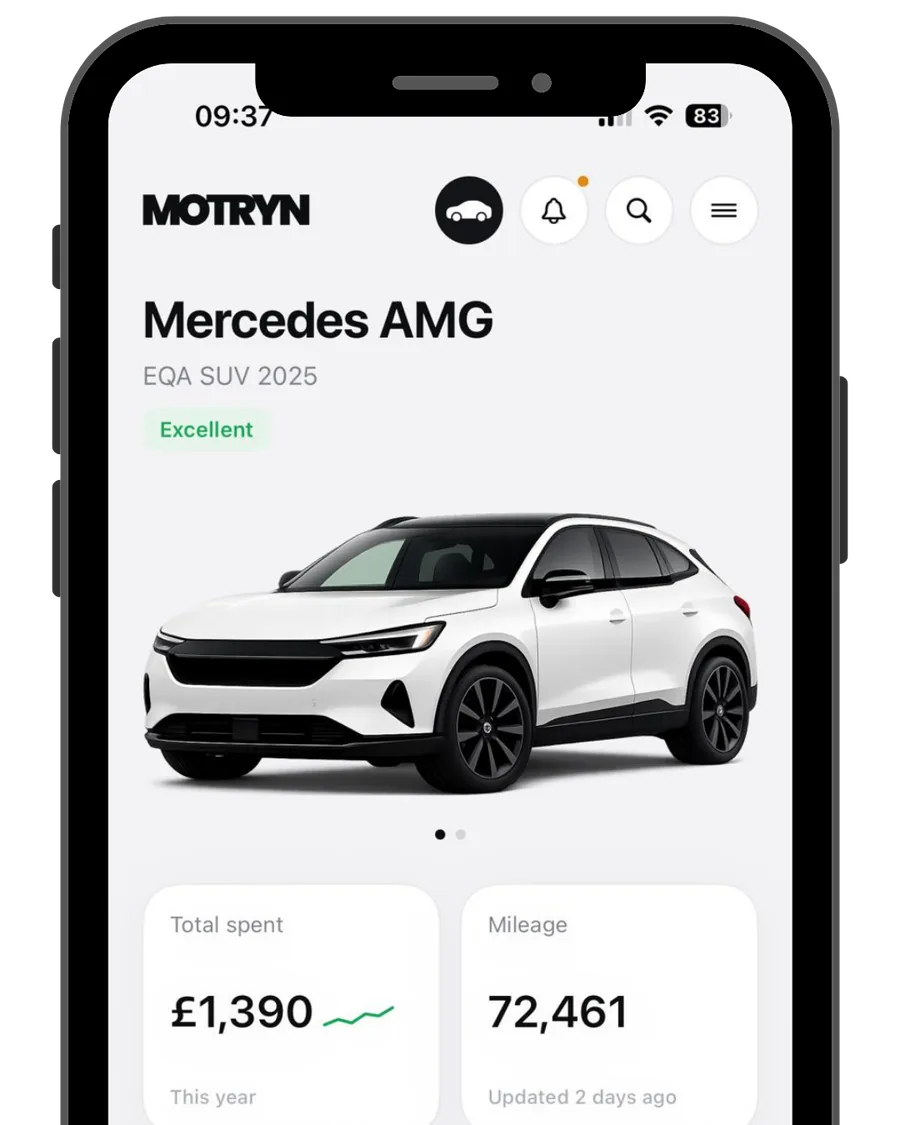Motryn app home screen showing a Mercedes EQA, total spend and mileage