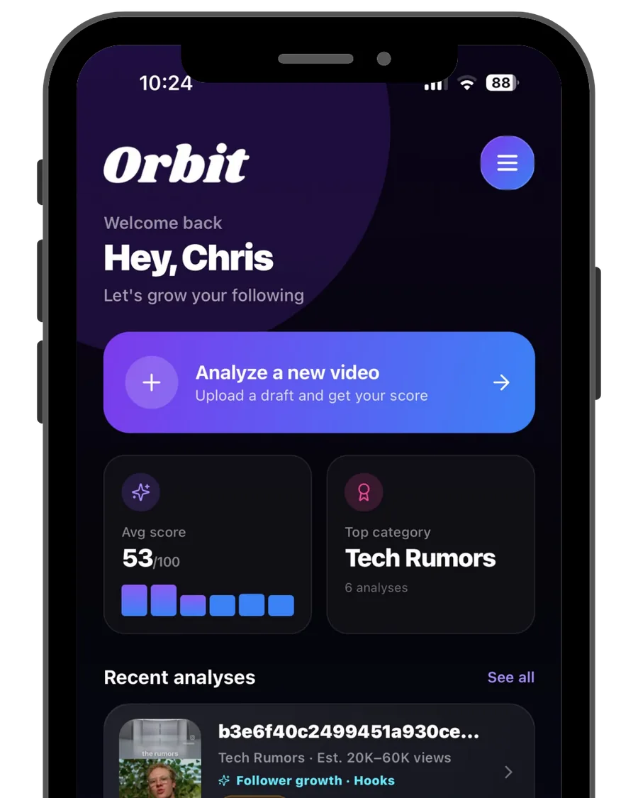 Orbit AI home screen with an Analyze a new video button and recent analyses