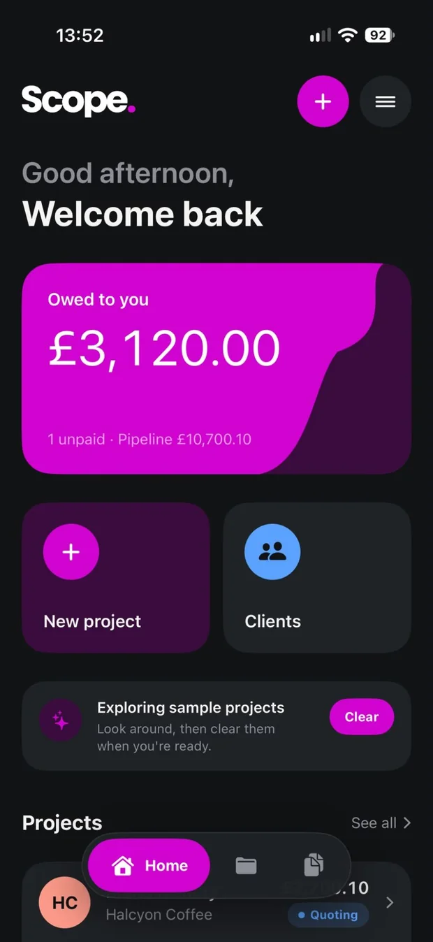 Scope home screen showing money owed, pipeline value and recent projects