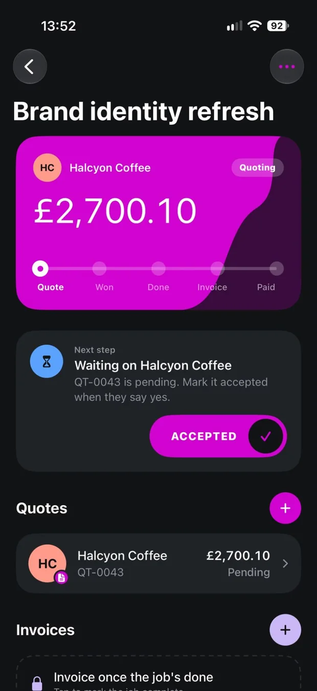 A Scope project moving from quote to won, done, invoice and paid