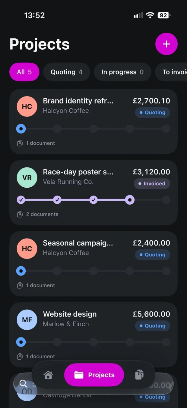 Scope projects list showing quotes and invoices with progress trackers