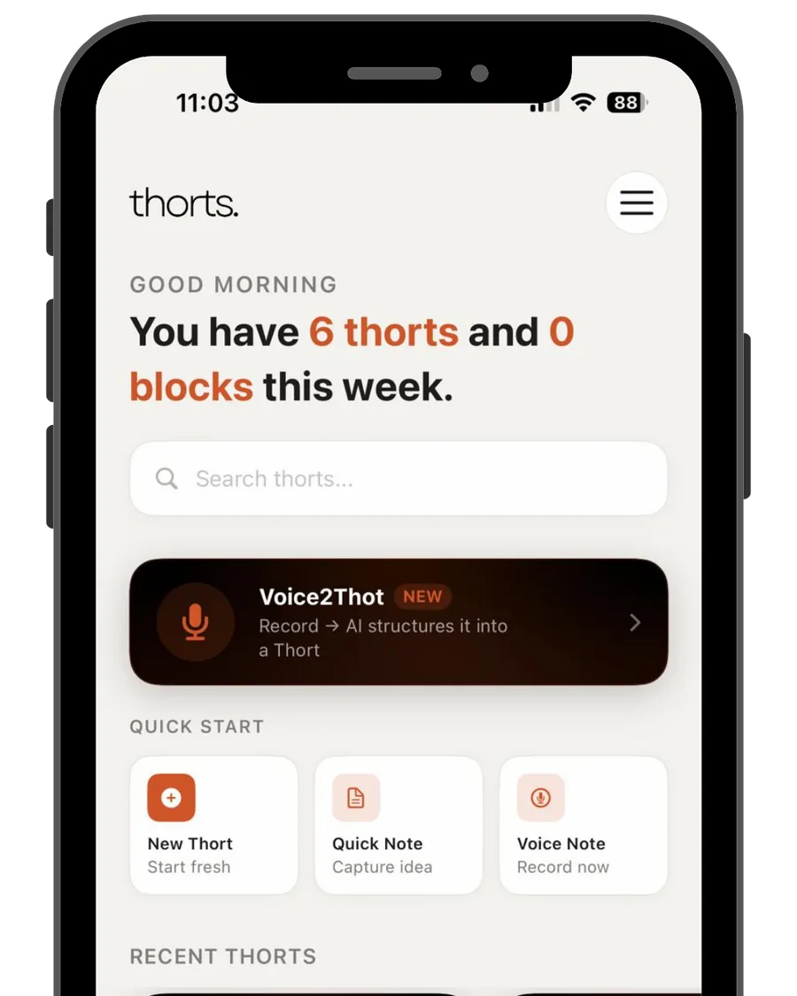 Thorts home screen showing thorts this week and a Voice2Thort recorder